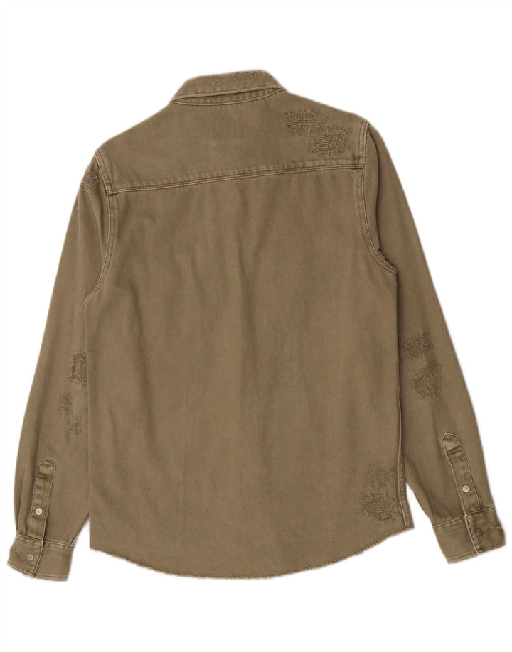 Zara Herre Distressed Relaxed Fit Denim Shirt Small Khaki Cotton
