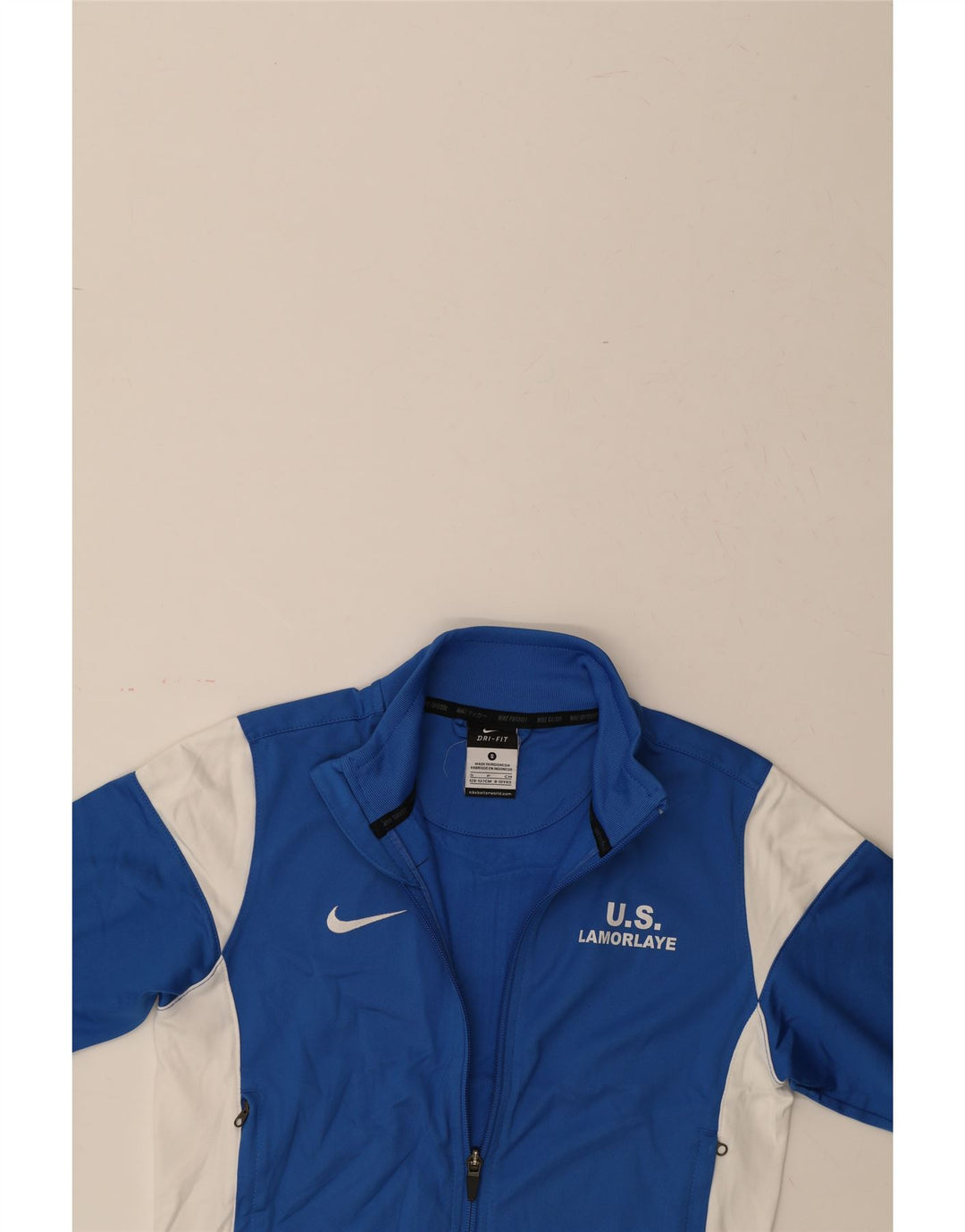 NIKE Boys Dri Fit Tracksuit Top Jacket 8-9 Years Small Blue Colourblock Vintage Nike and Second-Hand Nike from Messina Hembry 