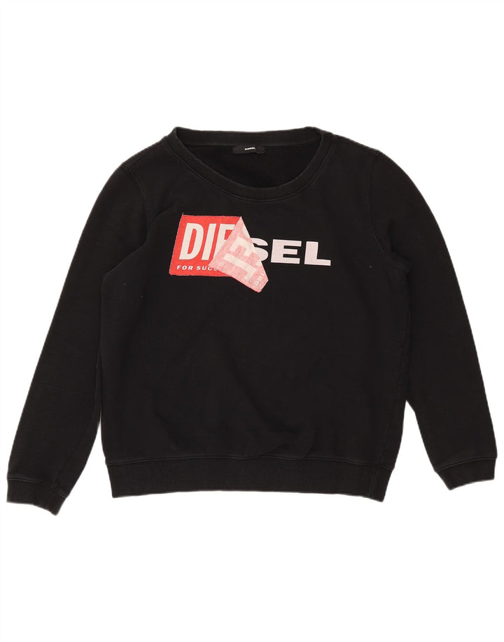 DIESEL Dame Grafisk Sweatshirt Jumper UK 14 Medium Sort Bomuld