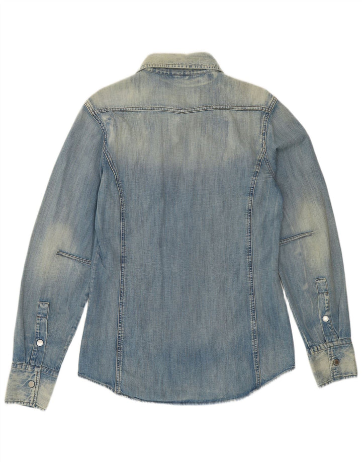 BENETTON Herre Acid Wash Denim Shirt Medium Blue Cotton