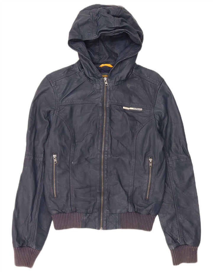 Superdry læderjakke med hætte til kvinder UK 14 Mellem marineblåt læder