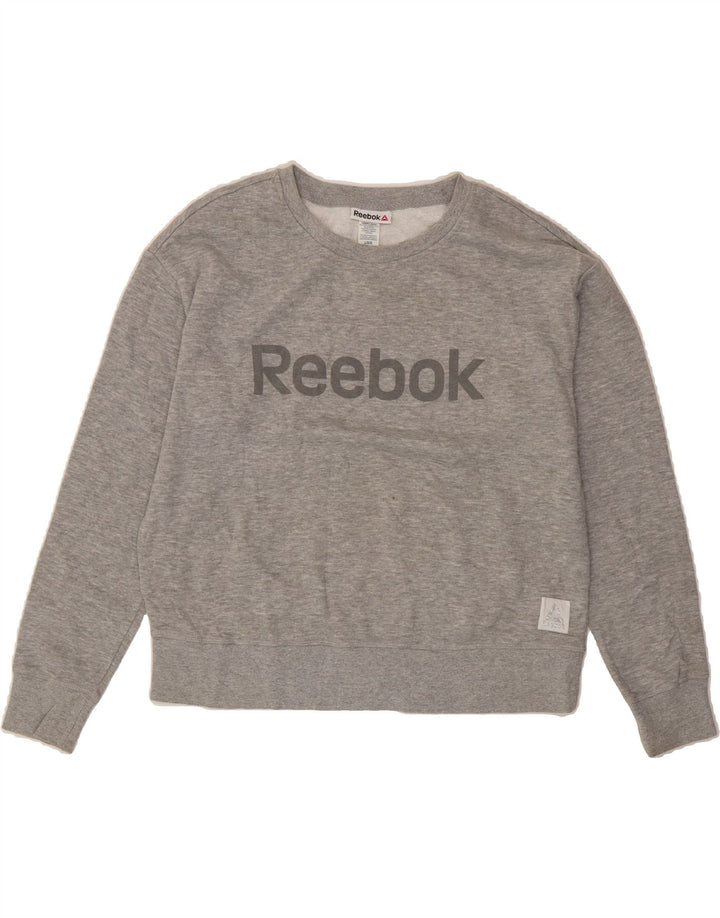 REEBOK Womens Graphic Sweatshirt Jumper UK 16 Large Grey Cotton Vintage Reebok and Second-Hand Reebok from Messina Hembry 