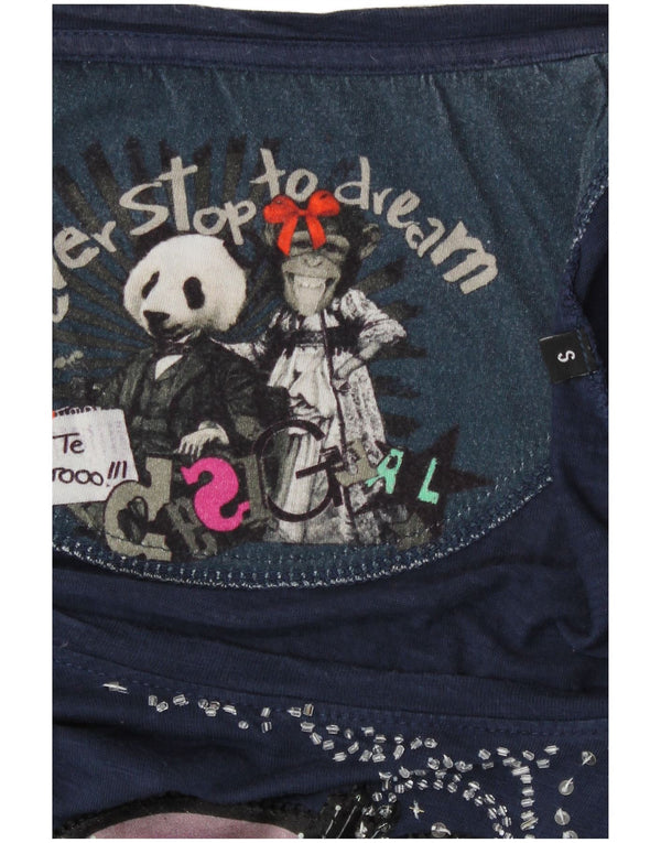 Desigual kvinders abstrakt mønster bluse Top UK 10 Small Navy Blue