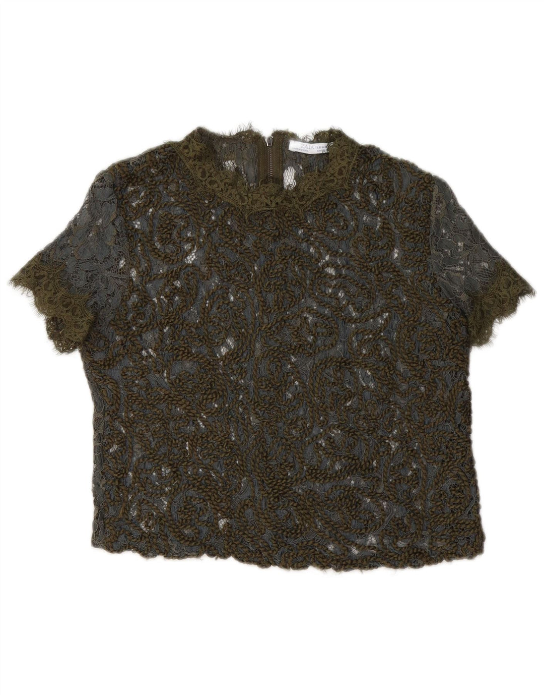 Zara Womens Crop Lace See Through Top UK 10 Small Khaki Floral