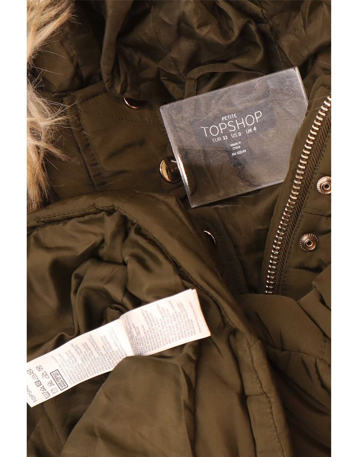 Topshop Dame Hætte Oversized Polstret Jakke UK 4 XS Khaki Polyester