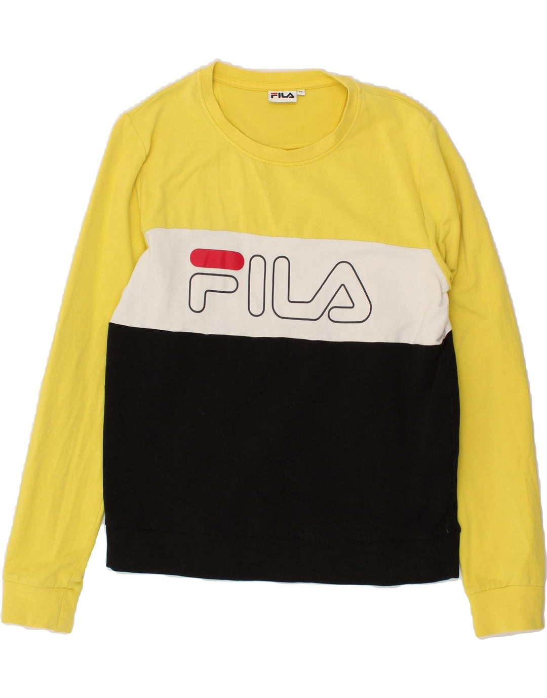 FILA Womens Graphic Top Long Sleeve UK 14 Medium Yellow Colourblock Cotton Vintage Fila and Second-Hand Fila from Messina Hembry 