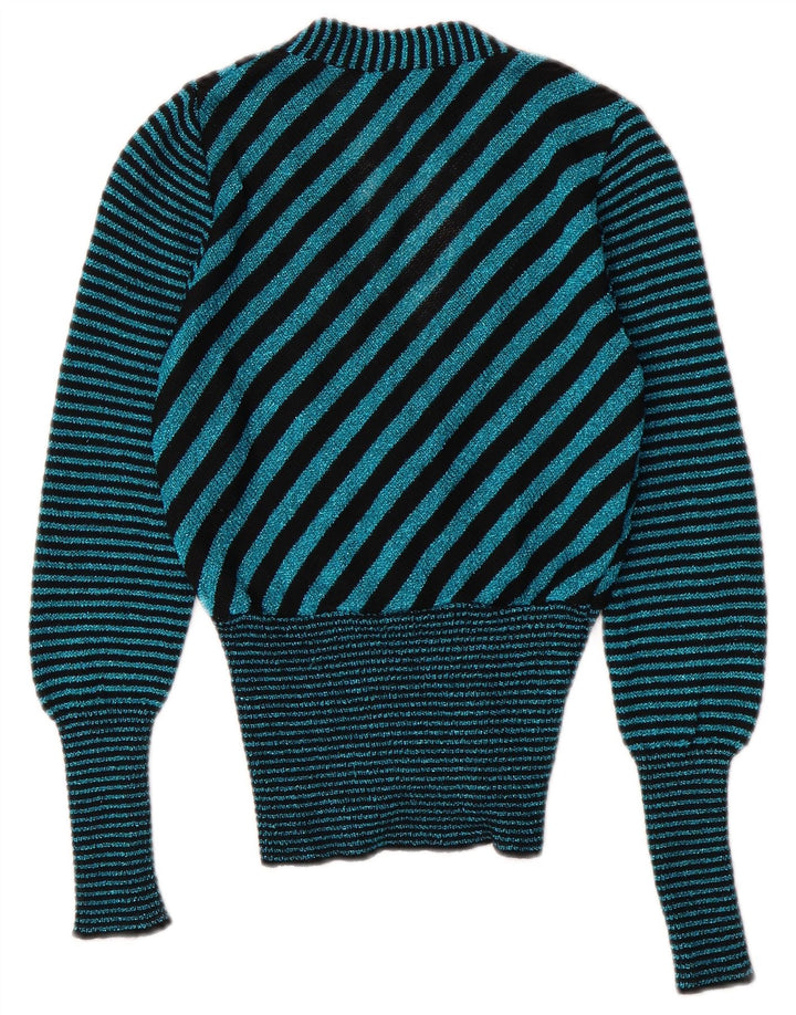 Vintage dame V-hals cardigan sweater UK 6 XS turkis stribet