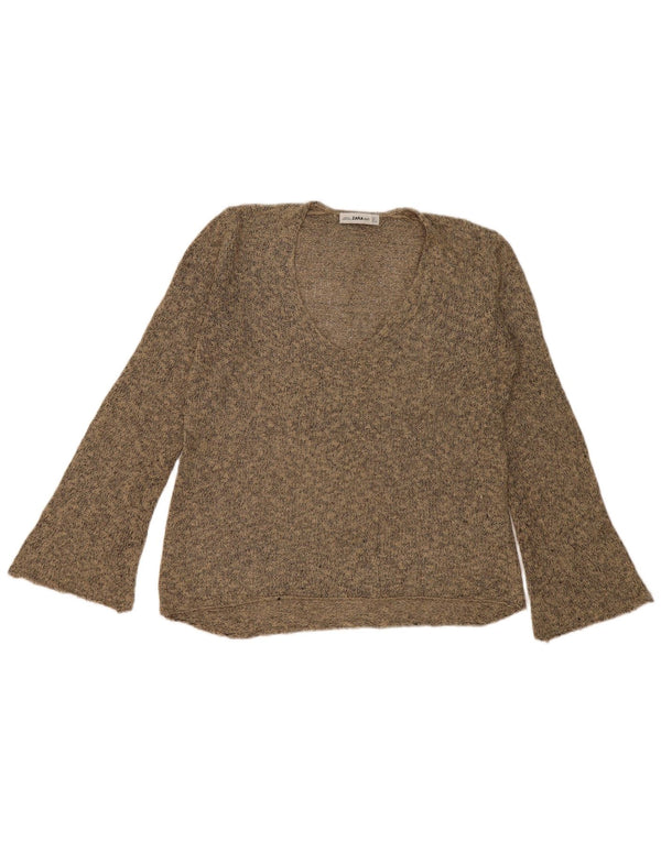 Zara Womens V-Neck Jumper Sweater UK 16 Large Beige Flecked