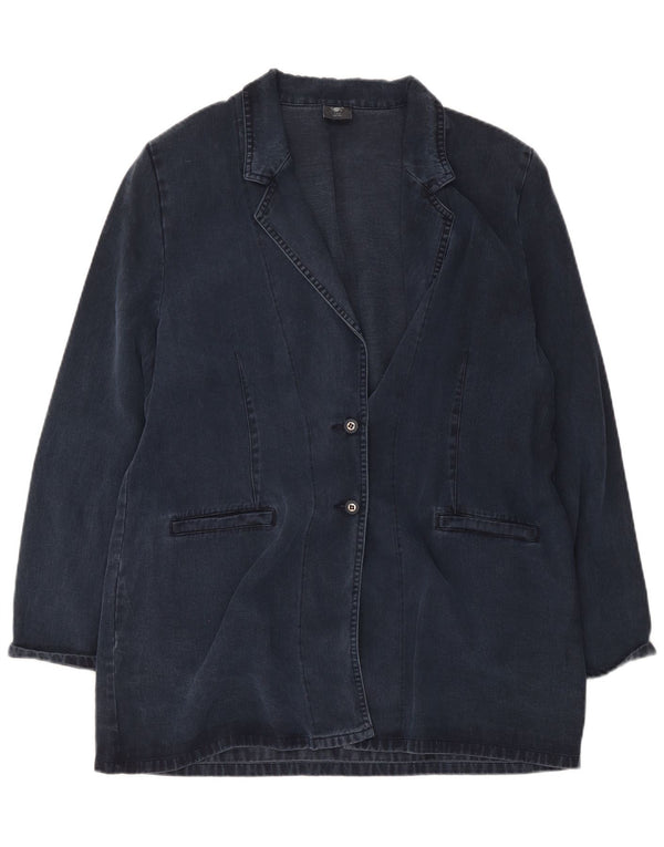 Vintage Dame 2 Button Longline Blazer Jacket UK 20 2XL Navy Blue Lyocell