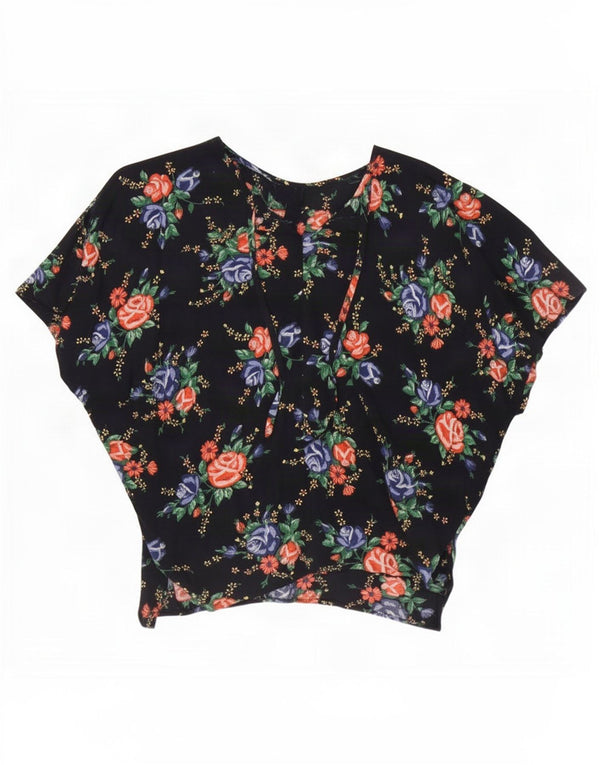Vintage Dame Batwing Bluse Top UK 16 Large Navy Blue Floral