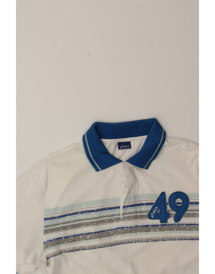 ASICS Mens Polo Shirt Medium White Striped Cotton Vintage Asics and Second-Hand Asics from Messina Hembry 