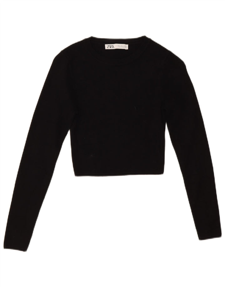 Zara Dame Crop Crew Neck Jumper Sweater UK10 Small Black Viscose