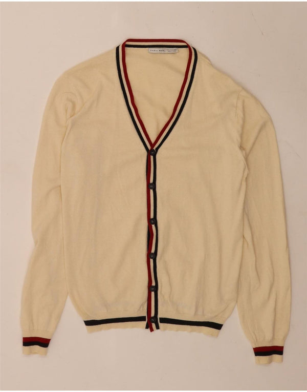 Zara Herre Cardigan Sweater XL Beige Stribet Akryl