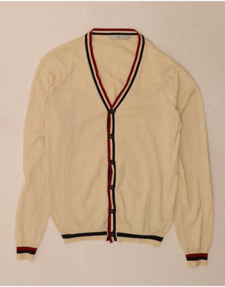 Zara Herre Cardigan Sweater XL Beige Stribet Akryl