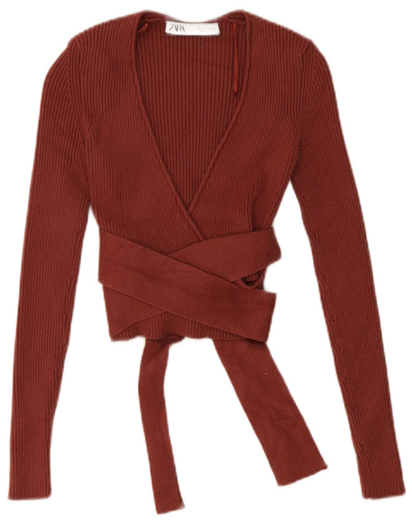 Zara Dame Langærmet Wrap Cardigan Top UK 8 Small Brown Viscose