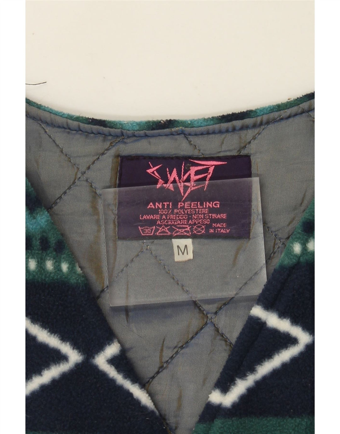 Vintage Dame Fleece Gilet UK 14 Medium Green Argyle/Diamond Retro