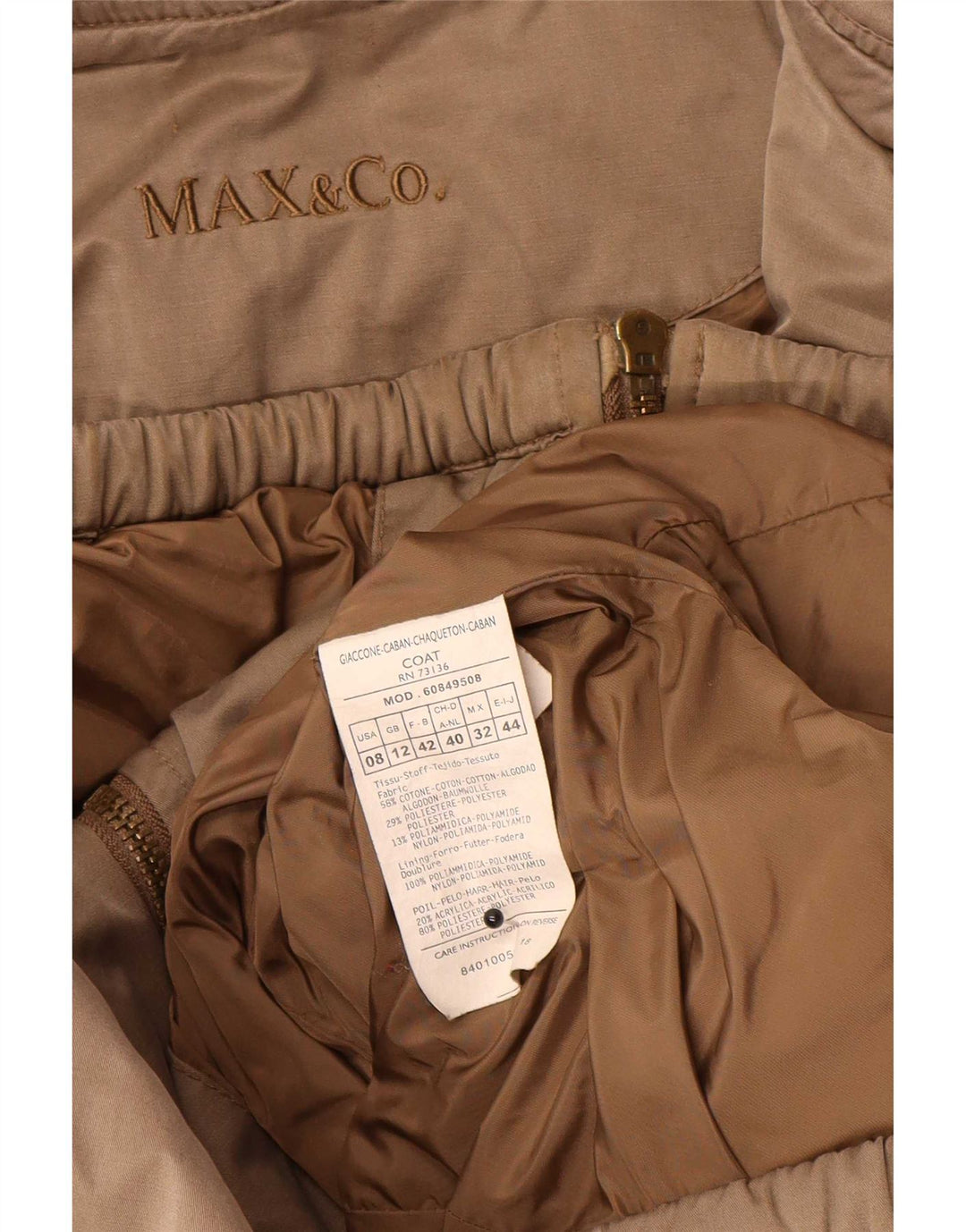 Max & Co. Dame hætte polstret frakke UK 12 medium brun bomuld