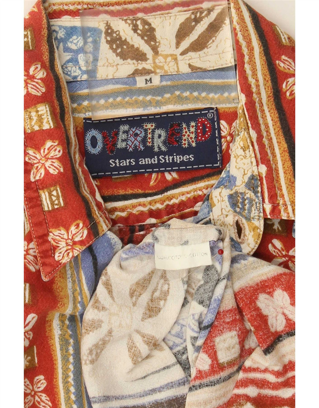 Vintage kortærmet herreskjorte Medium flerfarvet patchwork bomuld