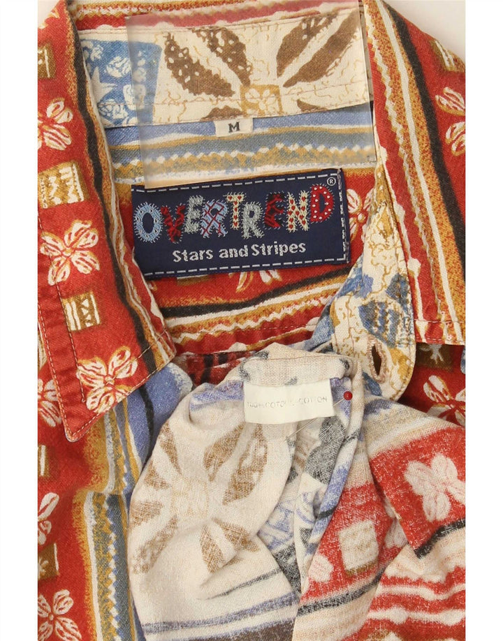 Vintage kortærmet herreskjorte Medium flerfarvet patchwork bomuld