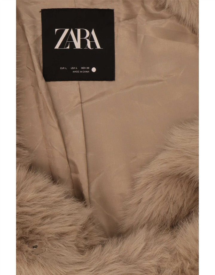 Zara Dame Poplin Faux Fur Jacket UK 16 Large Beige Polyester