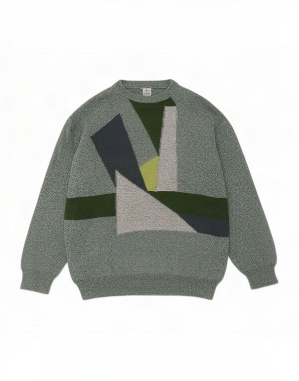 Vintage herre sweater med rund hals, medium grøn geometrisk bomuld