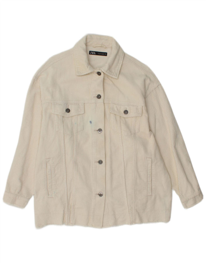 Zara Dame Oversized Corduroy Jacket UK 10 Small Off White Bomuld