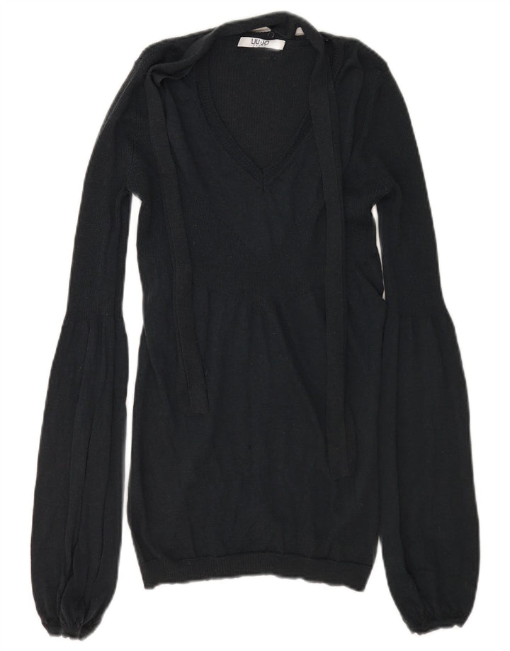 Liu Jo Dame Front Tie V-hals Jumper Sweater UK 10 Small Black Wool