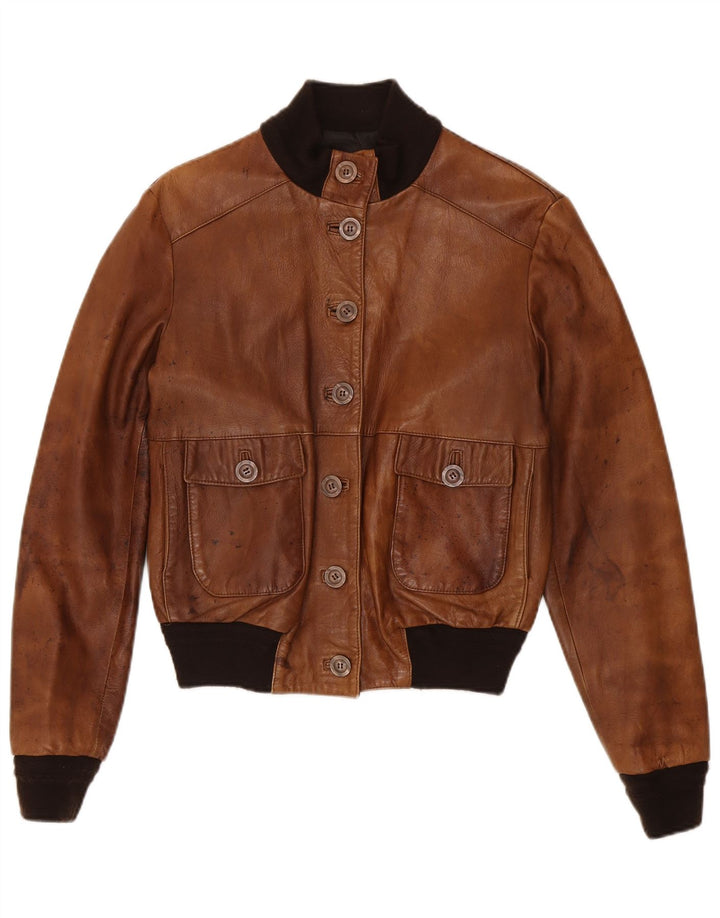 Vintage Bomber Læderjakke til kvinder UK 18 XL Brun Colourblock Læder