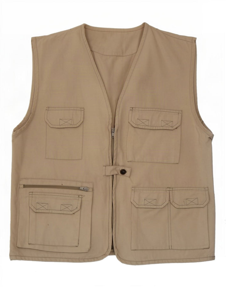 Vintage Womens Utility Gilet UK 14 Medium Beige Cotton