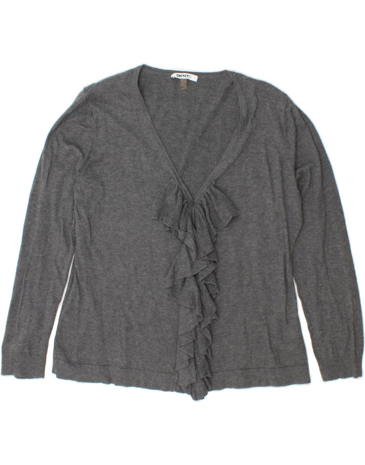 DKNY Womens Ruffle Front Cardigan Sweater UK 18 XL Grey Cotton Vintage Dkny and Second-Hand Dkny from Messina Hembry 
