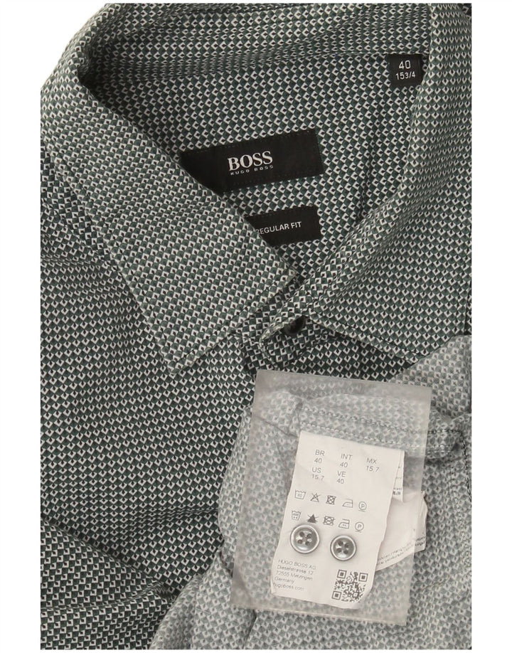 Hugo Boss Herre Regular Fit Skjorte Størrelse 40 15 3/4 Medium Grøn Geometrisk