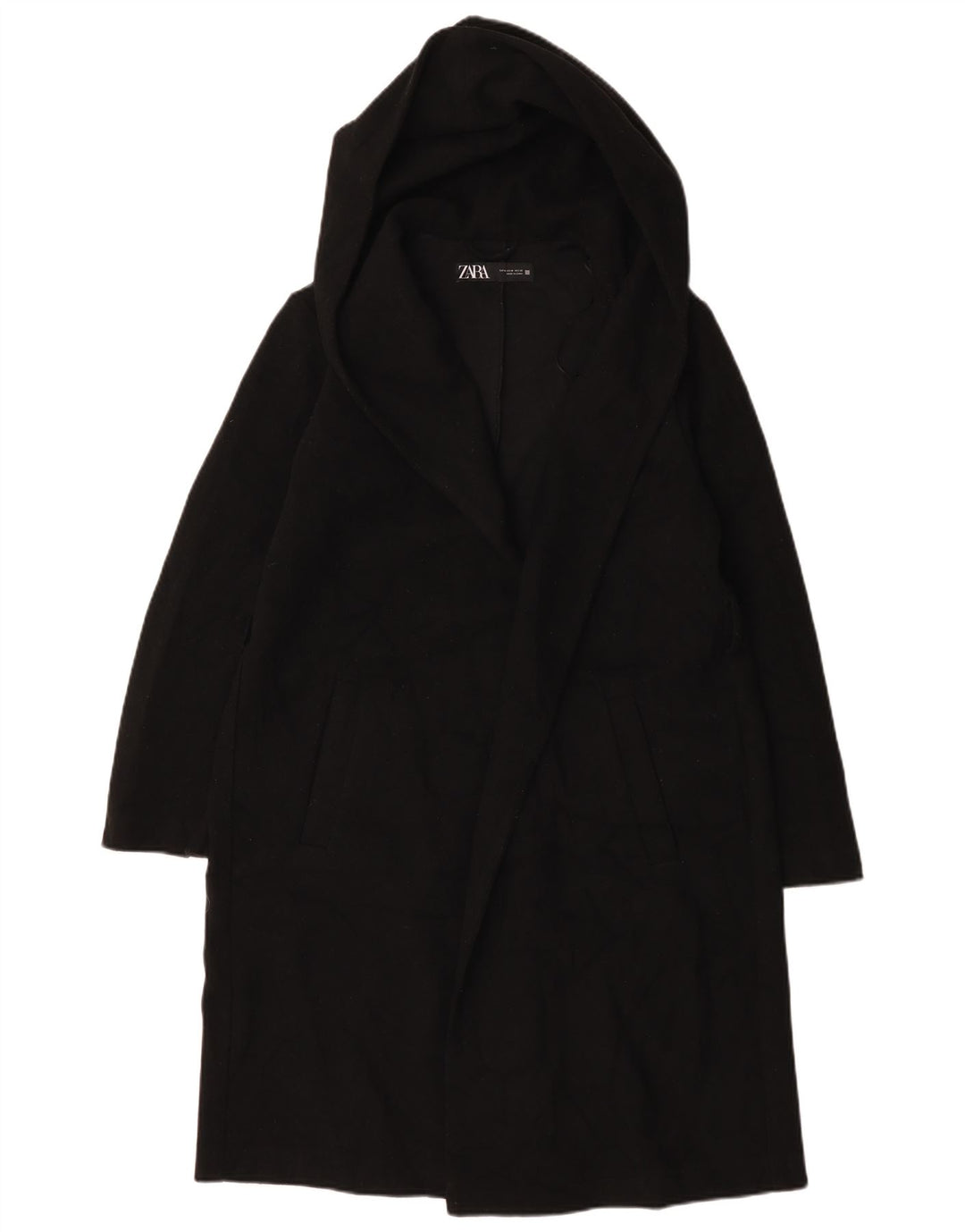 Zara Dame Hætte Åben Overfrakke UK 14 Medium Sort Polyester