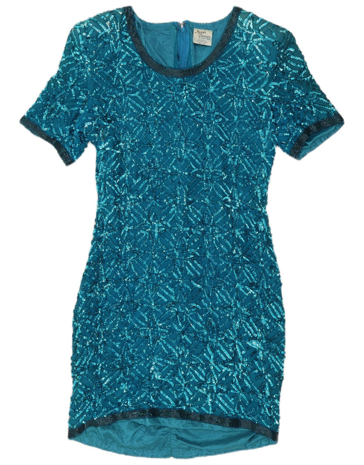 Vintage Dame Sequin Shift Dress UK 14 Large Blue Silk