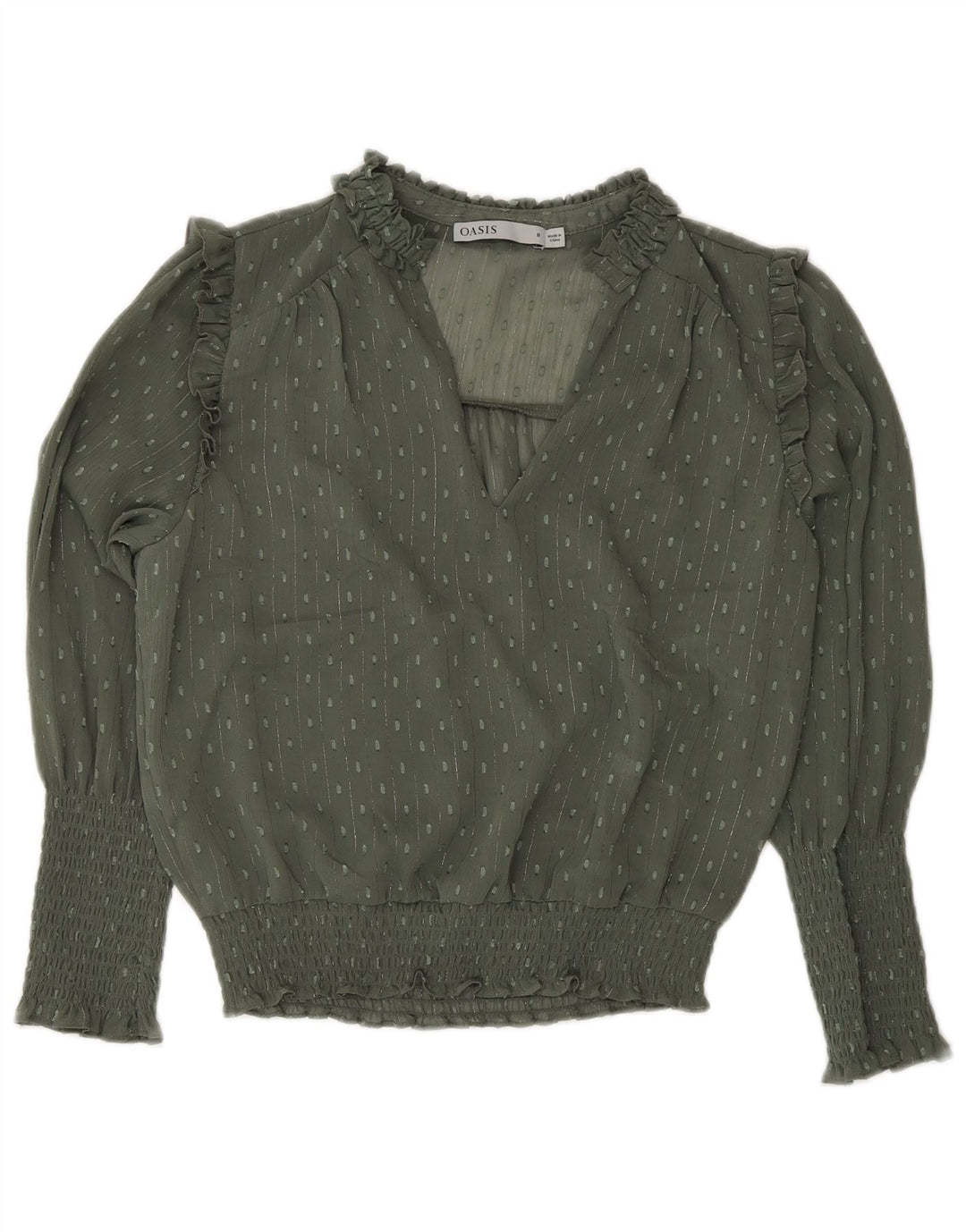 Oasis Dame Langærmet Bluse Top UK 8 Small Khaki Spotted Polyester