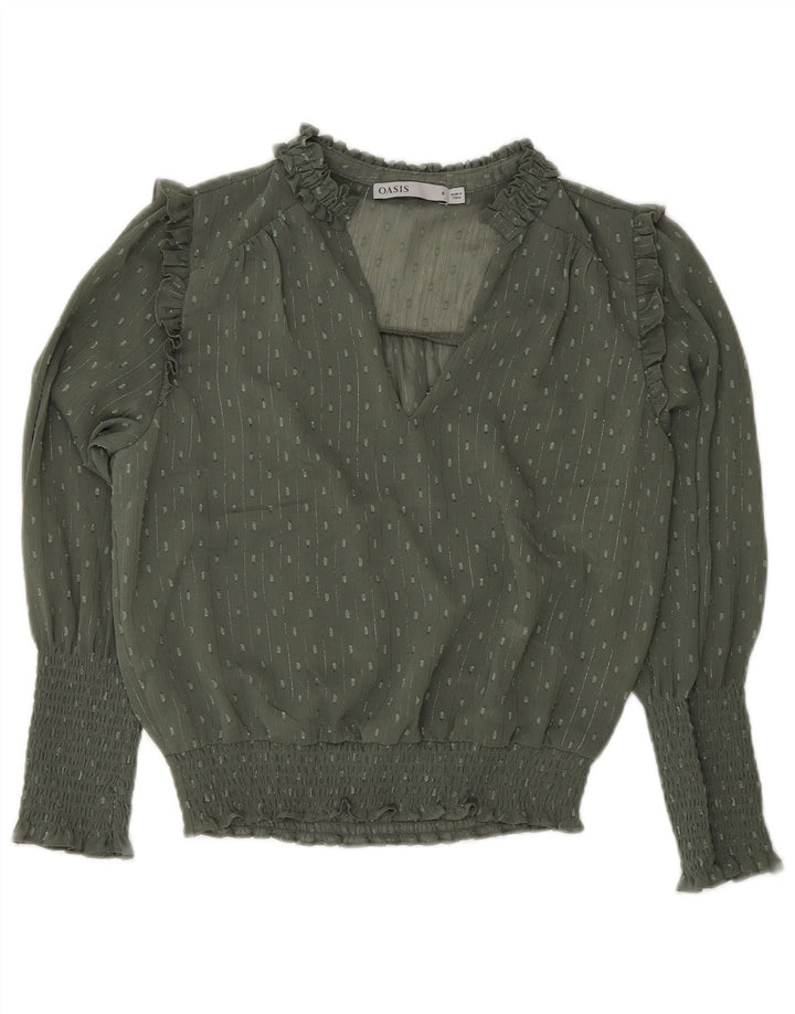 Oasis Dame Langærmet Bluse Top UK 8 Small Khaki Spotted Polyester