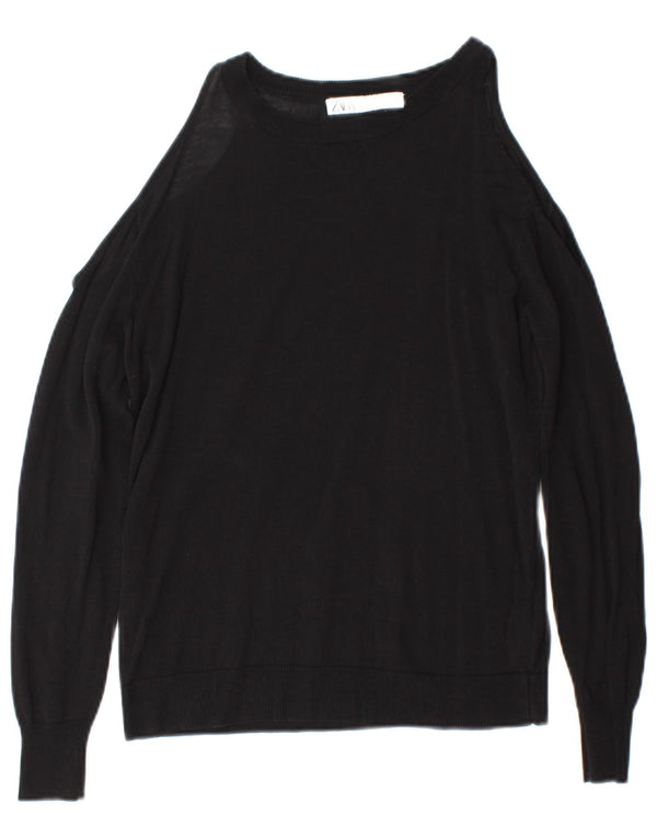 Zara Dame Boat Neck Jumper Sweater UK 12 Medium Sort Bomuld