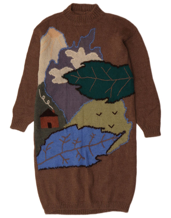 Vintage Kvinders Grafisk Jumper Kjole UK 12 Medium Brun Nyhed