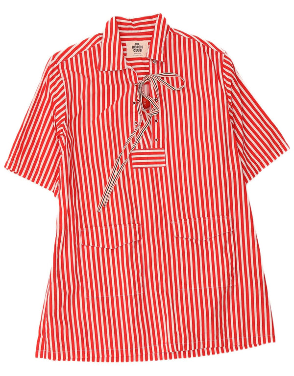 Vintage Womens Shift Dress UK 14 Medium Red Pinstripe Cotton