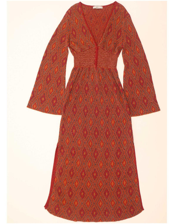 Zara Dame Langærmet Strik Maxi Kjole UK 12 Medium Rød Geometrisk