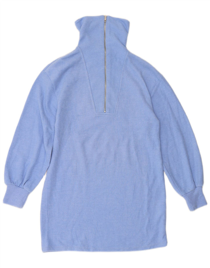 ZARA Dame Longline Zip Neck Jumper Sweater UK 10 Small Blue Polyester