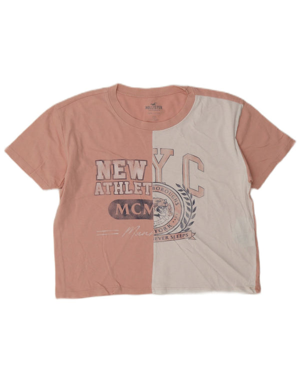 Hollister Womens Crop Grafisk T-Shirt Top UK 10 Small Pink Colourblock