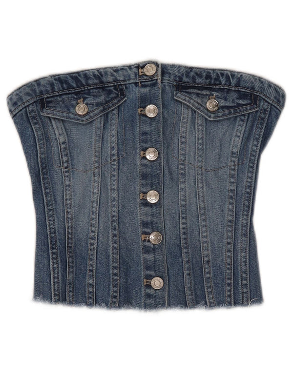 Zara Dame Denim Corset Top UK 4 XS Blå Bomuld