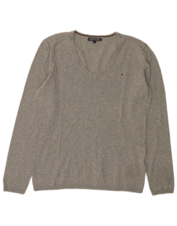 Tommy Hilfiger Dame V-hals sweater UK 14 Medium Grå Bomuld