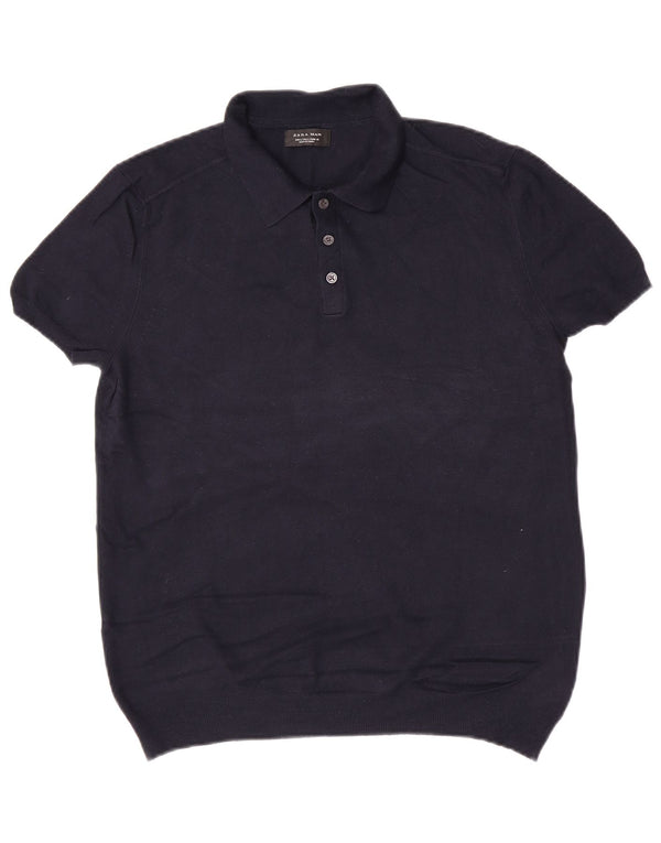 Zara Herre Kortærmet Polo Neck Jumper Sweater Large Navy Blue