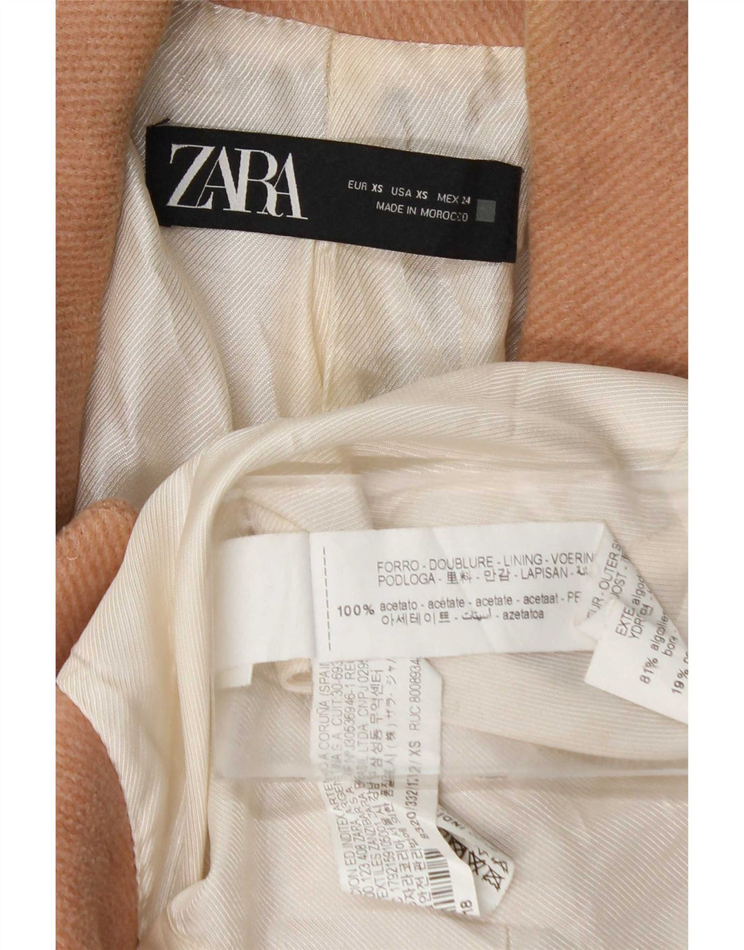 Zara Dame Oversized Dobbeltradet Frakke UK 6 XS Pink Bomuld