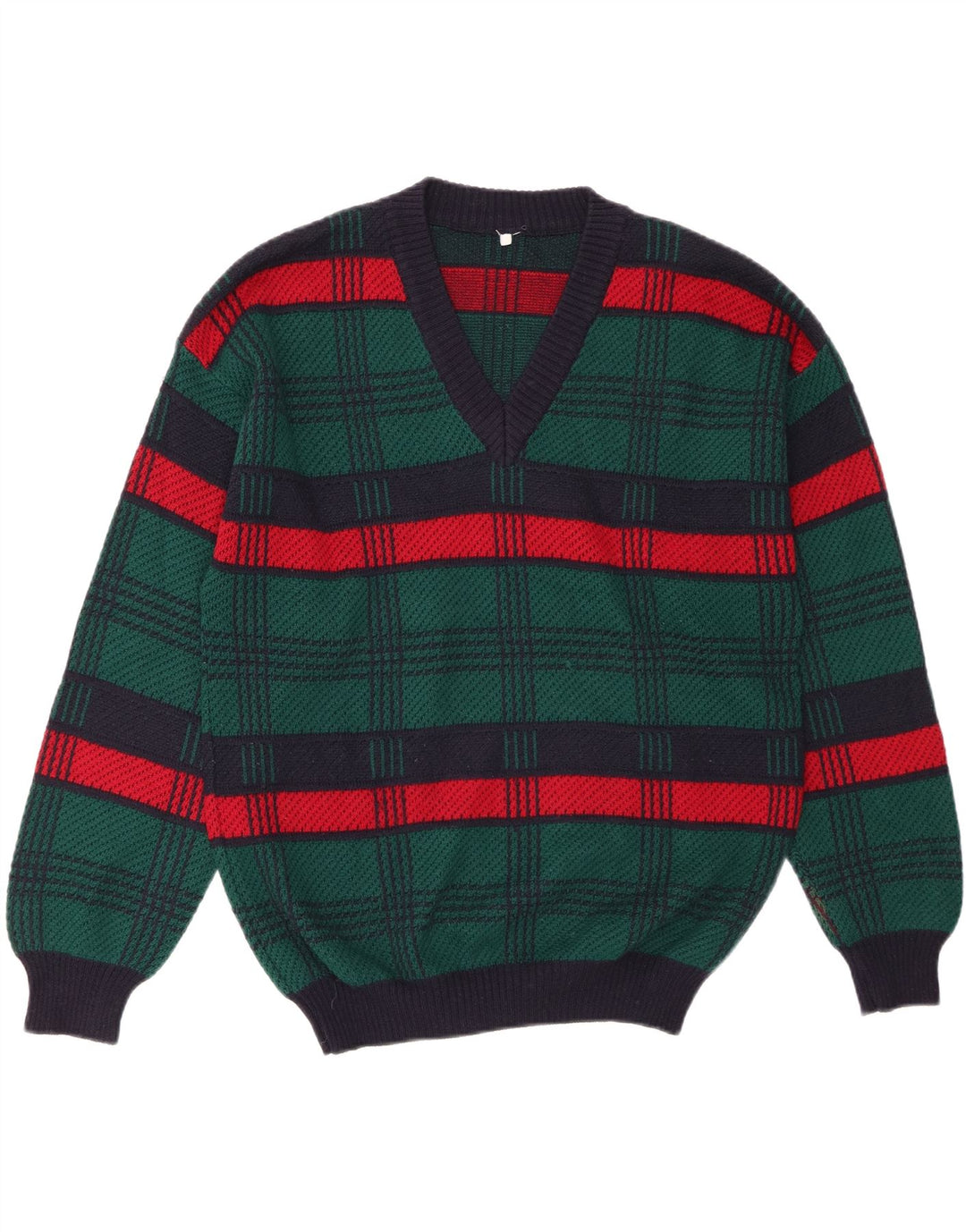 VINTAGE Herre V-hals sweater Stor grøn stribet uld