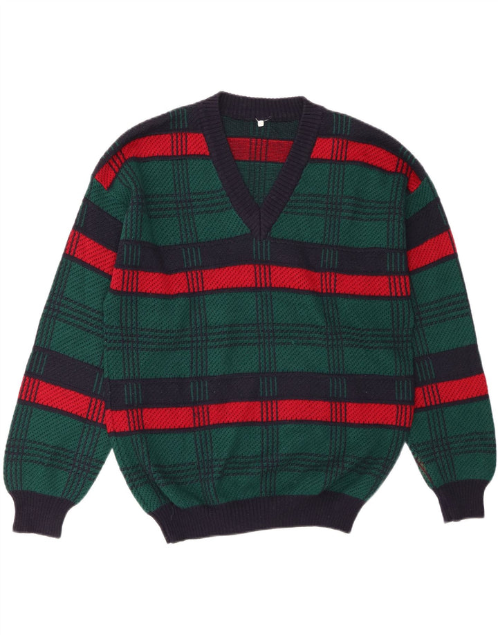 VINTAGE Herre V-hals sweater Stor grøn stribet uld