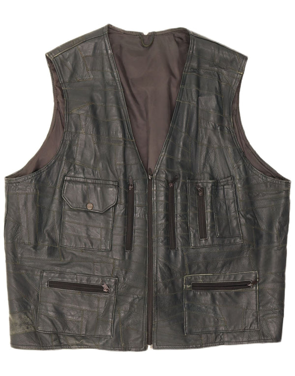 Vintage Herre Læder Utility Gilet UK 46 3XL Sort Patchwork