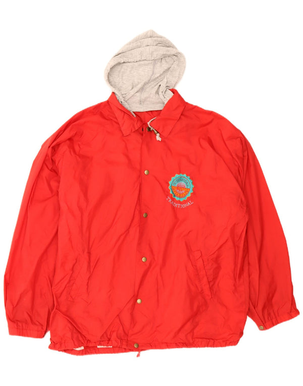 Vintage Herre grafisk regnjakke med hætte UK 42 XL Rød Colourblock Retro