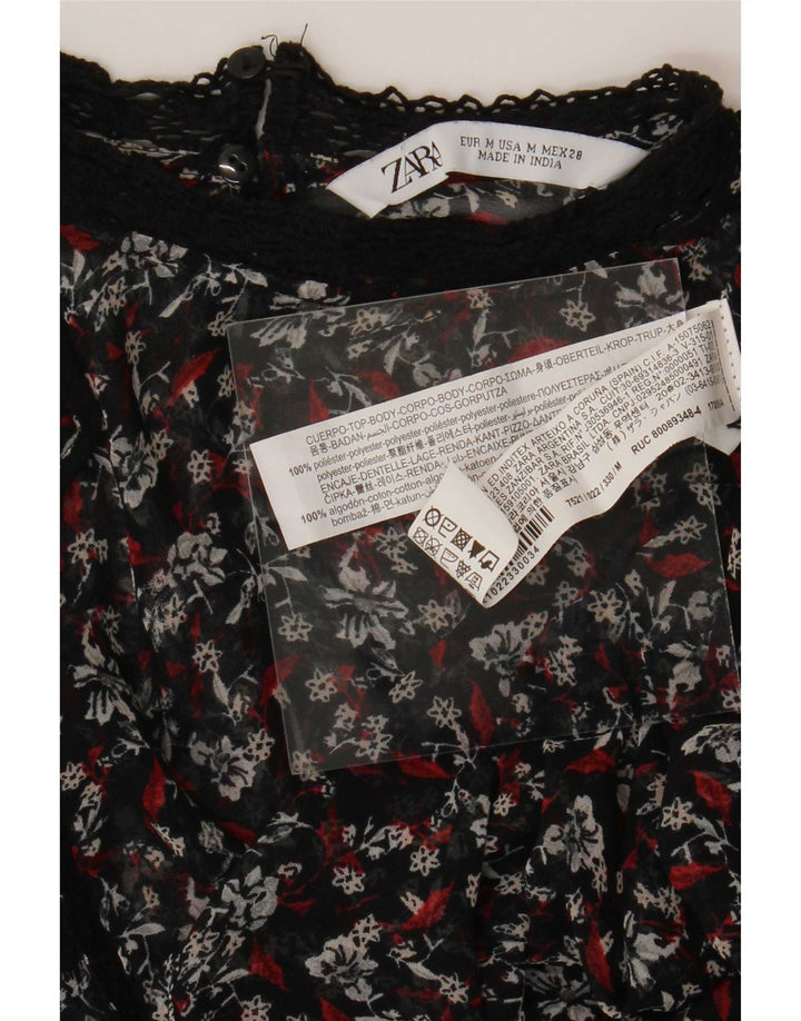 Zara Dame Langærmet Bluse Top UK 14 Medium Black Floral Polyester